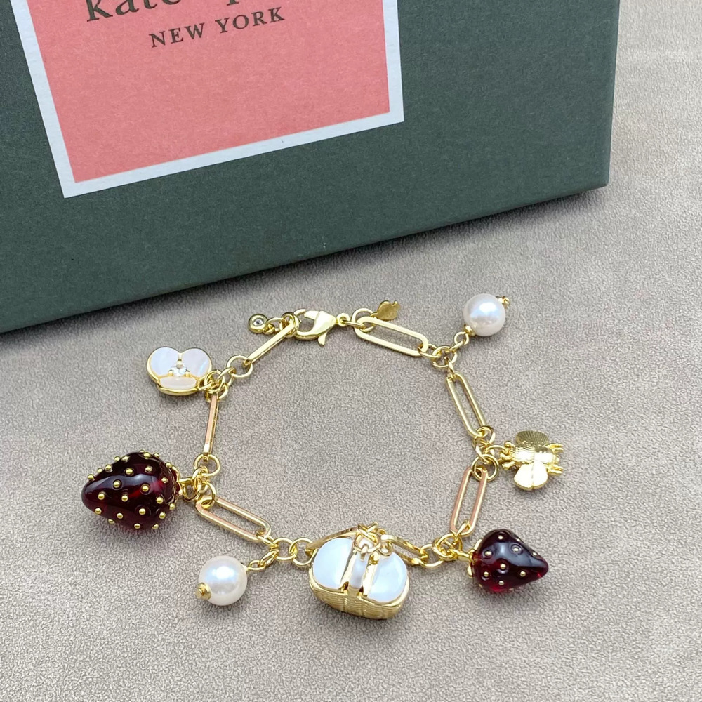 kate spade Plant Red Resin Strawberry Pearl Basket Bee Gem Bracelet